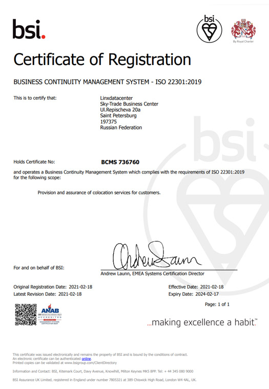 ISO 22301:2019 certificate on business continuity