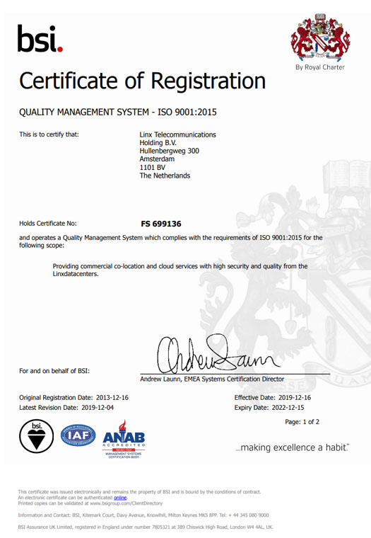 ISO/IEC 27001:2013 certificate on information security